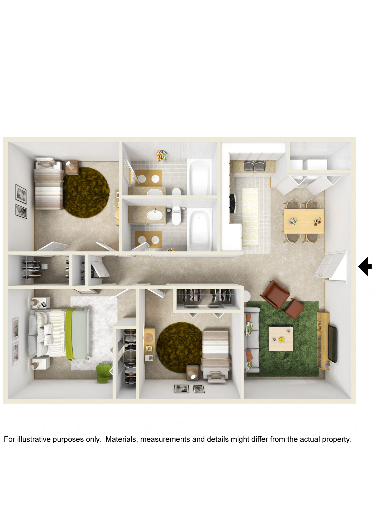Floor plan for 3 beds, 2 baths, 959 sqft